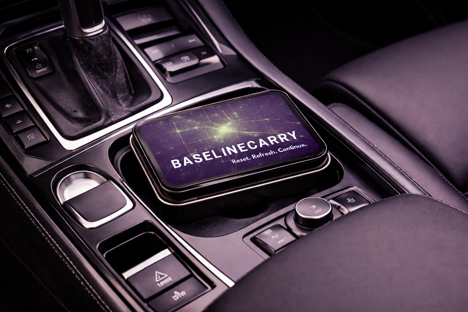BaselineCarry Pocket Reset Tin inside a car center console.