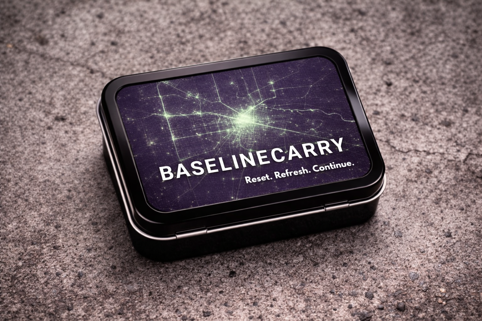 BaselineCarry Pocket Reset Tin on a neutral stone surface.