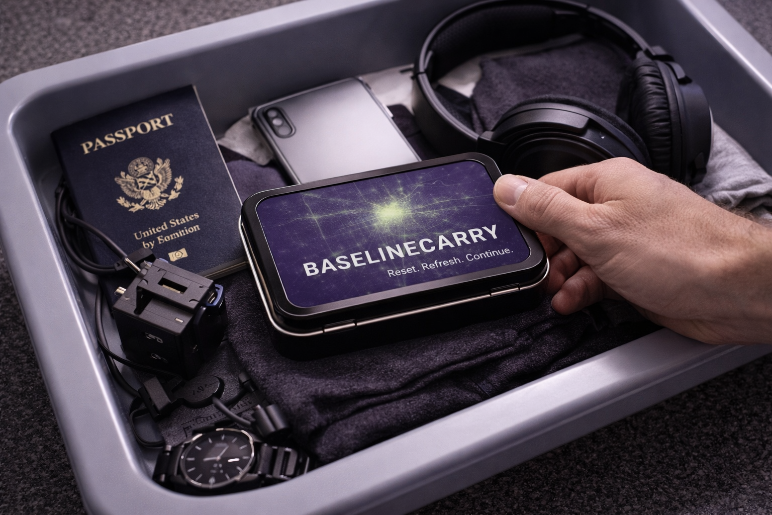 BaselineCarry Pocket Reset Tin inside a travel tray beside everyday essentials.